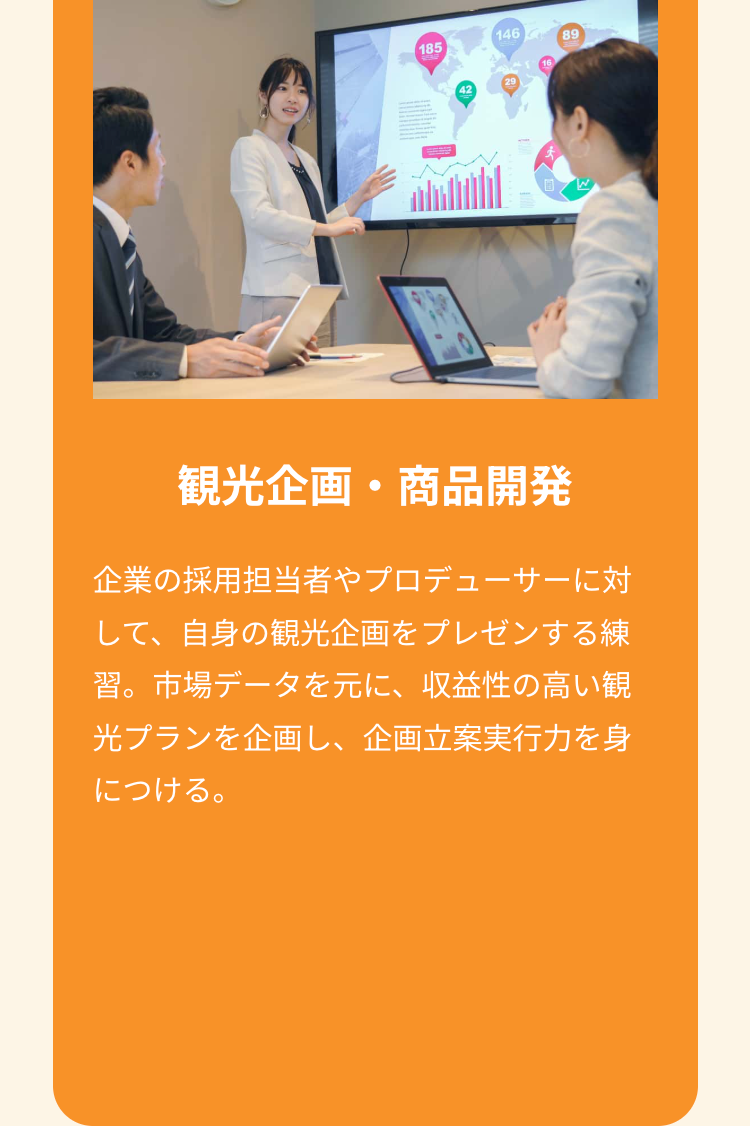 185
146
89
観光企画・商品開発
企業の採用担当者やプロデューサーに対
して、自身の観光企画をプレゼンする練
習。市場データを元に、収益性の高い観
光プランを企画し、企画立案実行力を身
につける。